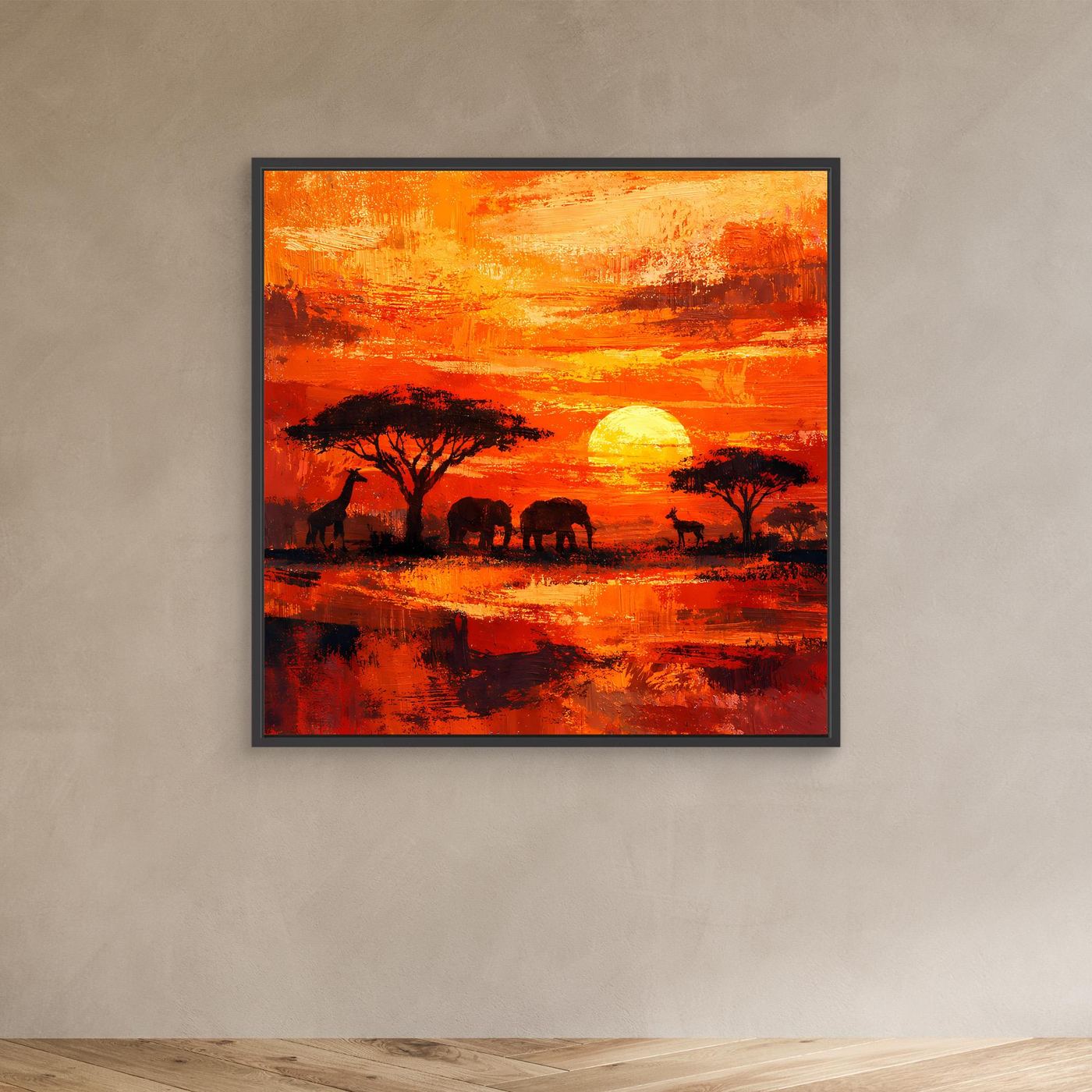 Leinwand Afrikanische Savanne bei Sonnenuntergang | Modernes Elefanten & Giraffen Wandbild