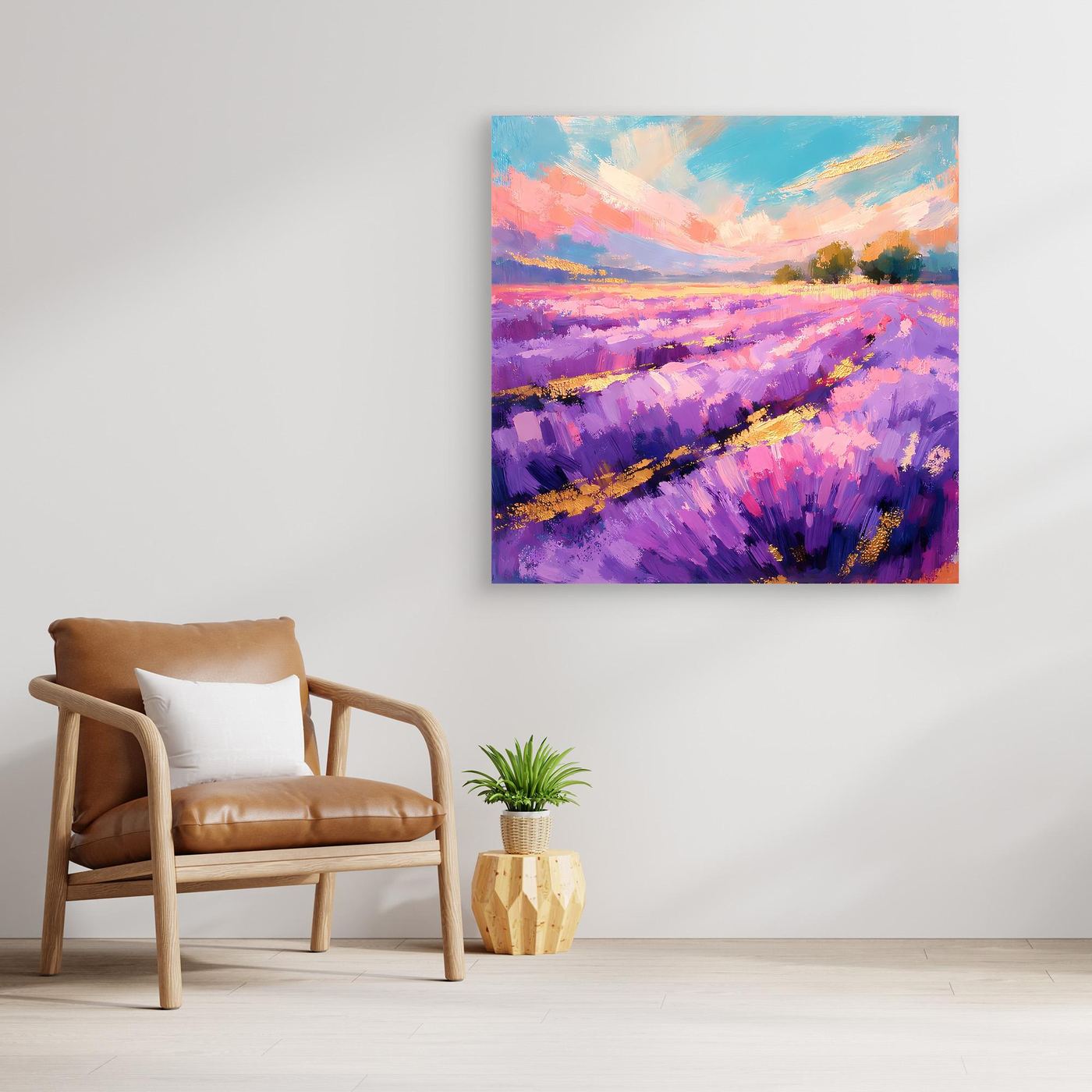 Abstraktes Leinwandbild: Lavendelfeld in Violett mit türkis-rosa Himmel