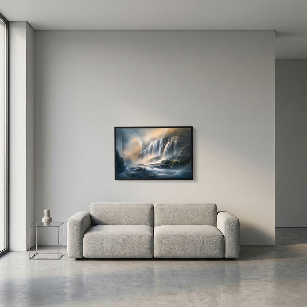 Gerahmtes Poster Querformat mit abstraktem Wasserfallmotiv, schwarzer Rahmen