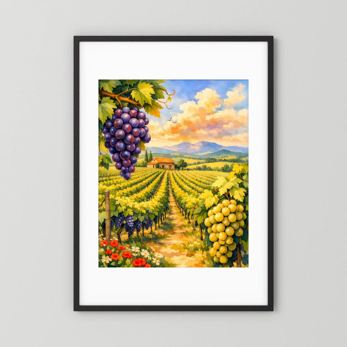 Hochformat-Wandbild Weinberge mit Trauben, schwarzer Rahmen mit weißem Rand