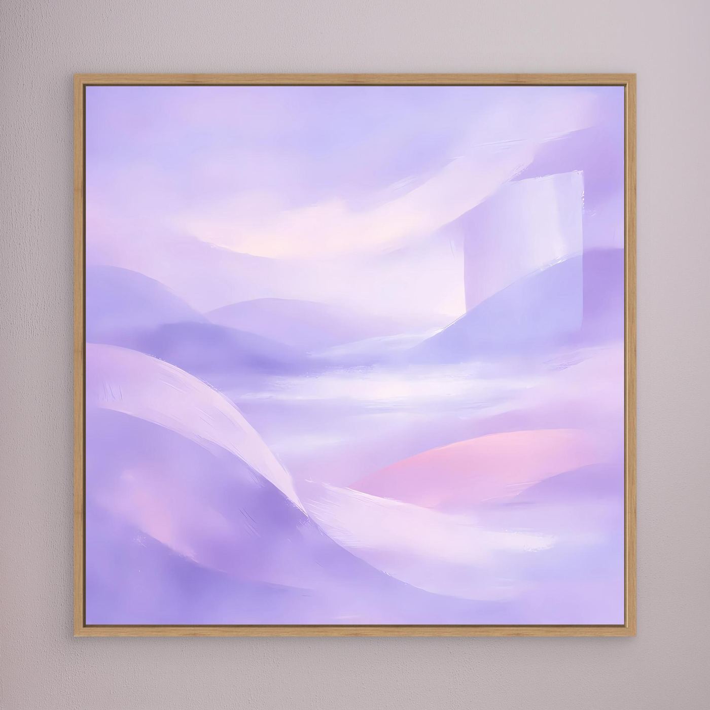 Abstraktes Leinwandbild in Pastell-Violett und Rosa, mit Eichenrahmen