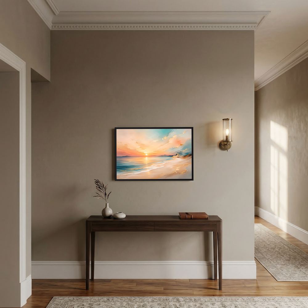 Querformat-Poster: abstrakter Strand in Pastell und Türkis, Sonnenuntergang, gerahmt