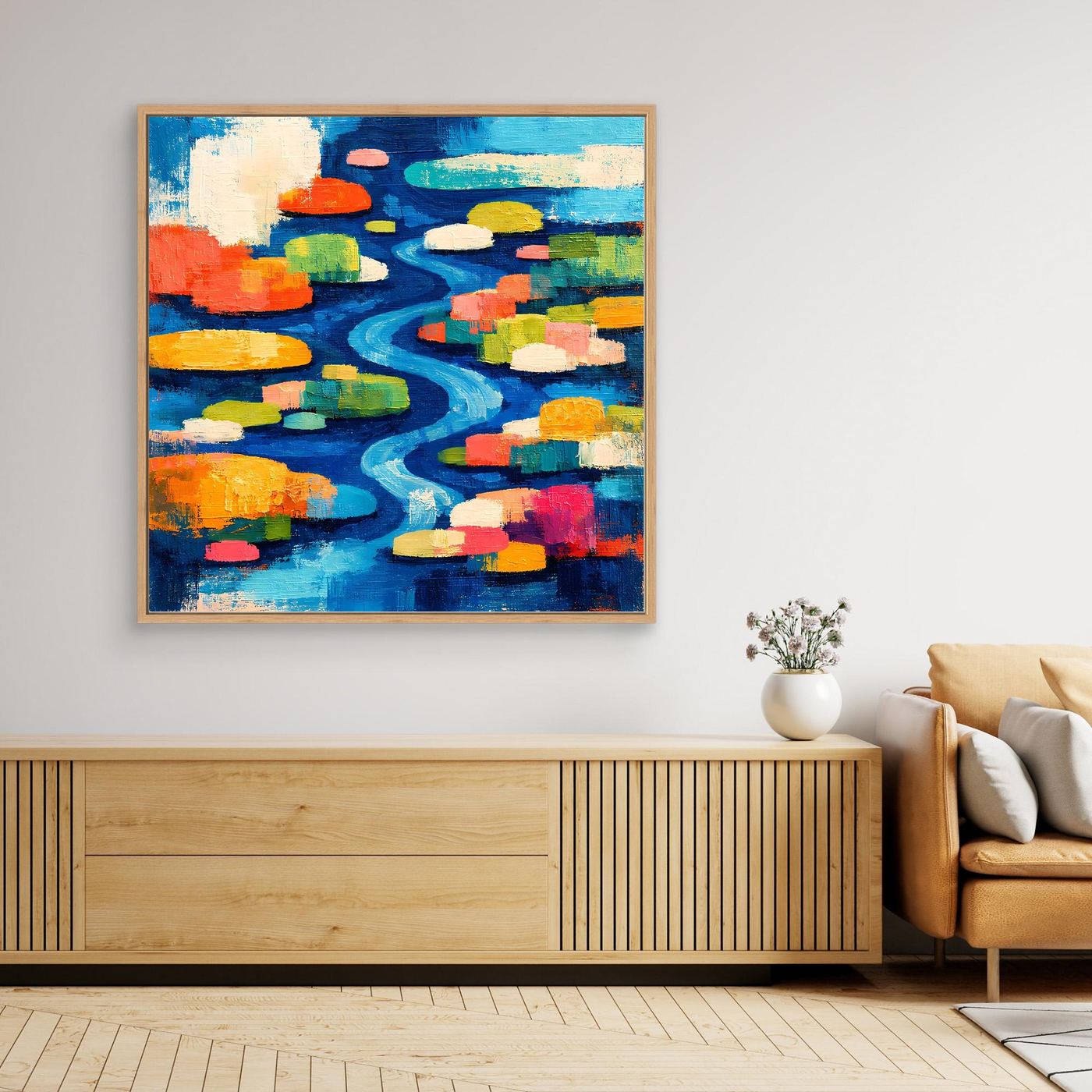 Leinwand-Wandbild mit abstraktem Seerosenteich und Flusslauf, Eichenrahmen, blaue Flächen