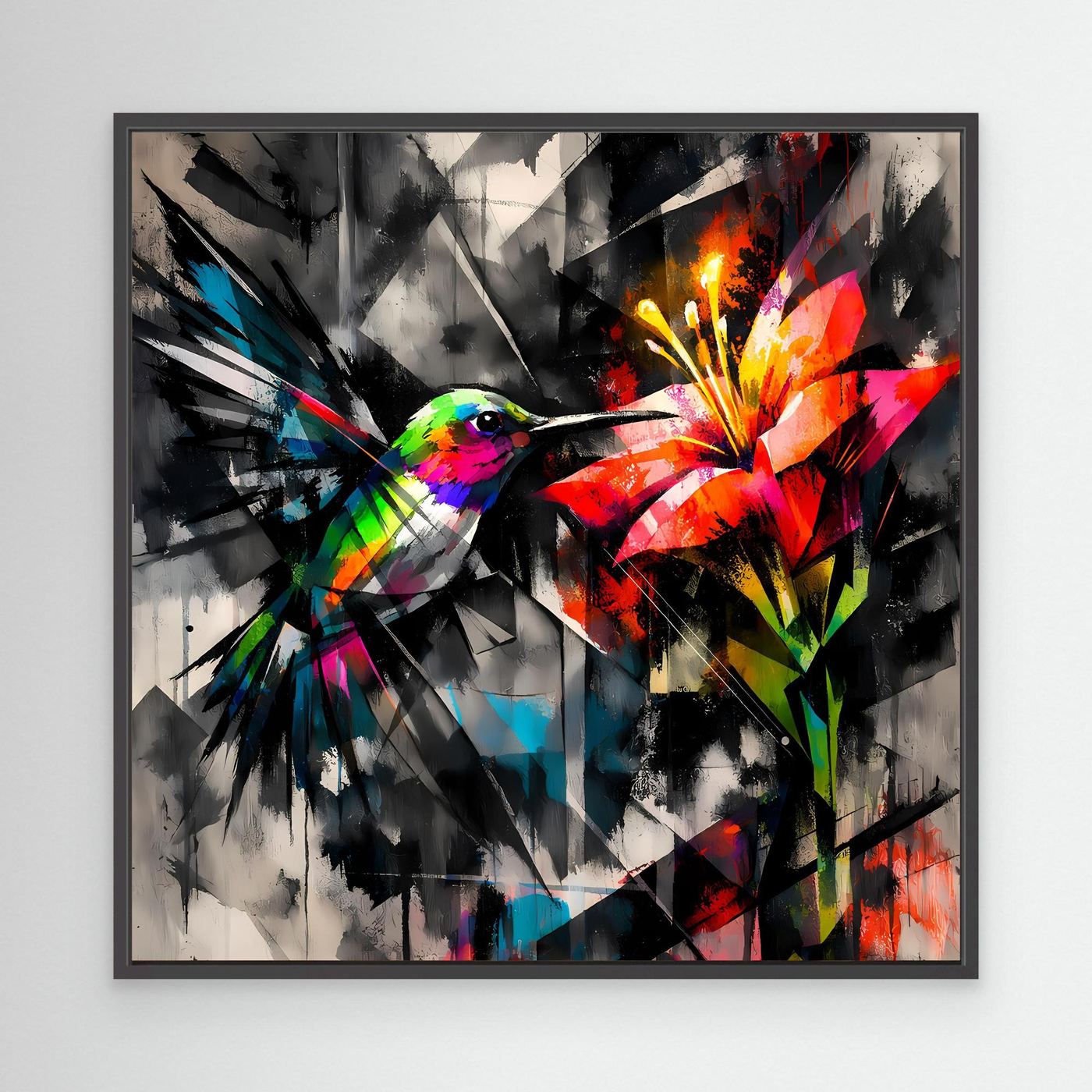 Leinwandbild Farbintensiver Kolibri | Abstraktes Geometrisches Wandbild auf Keilrahmen
