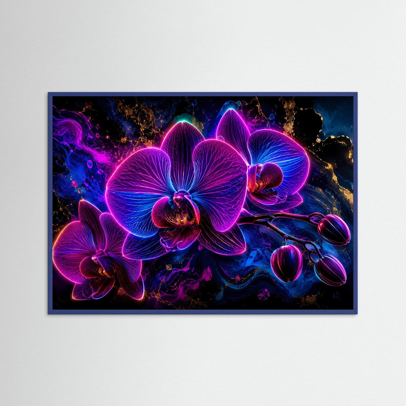 Neon Orchideen Poster | Leuchtende Orchideen in Pink Blau | Moderne Abstrakte Blumen Wandkunst mit Gold Akzenten