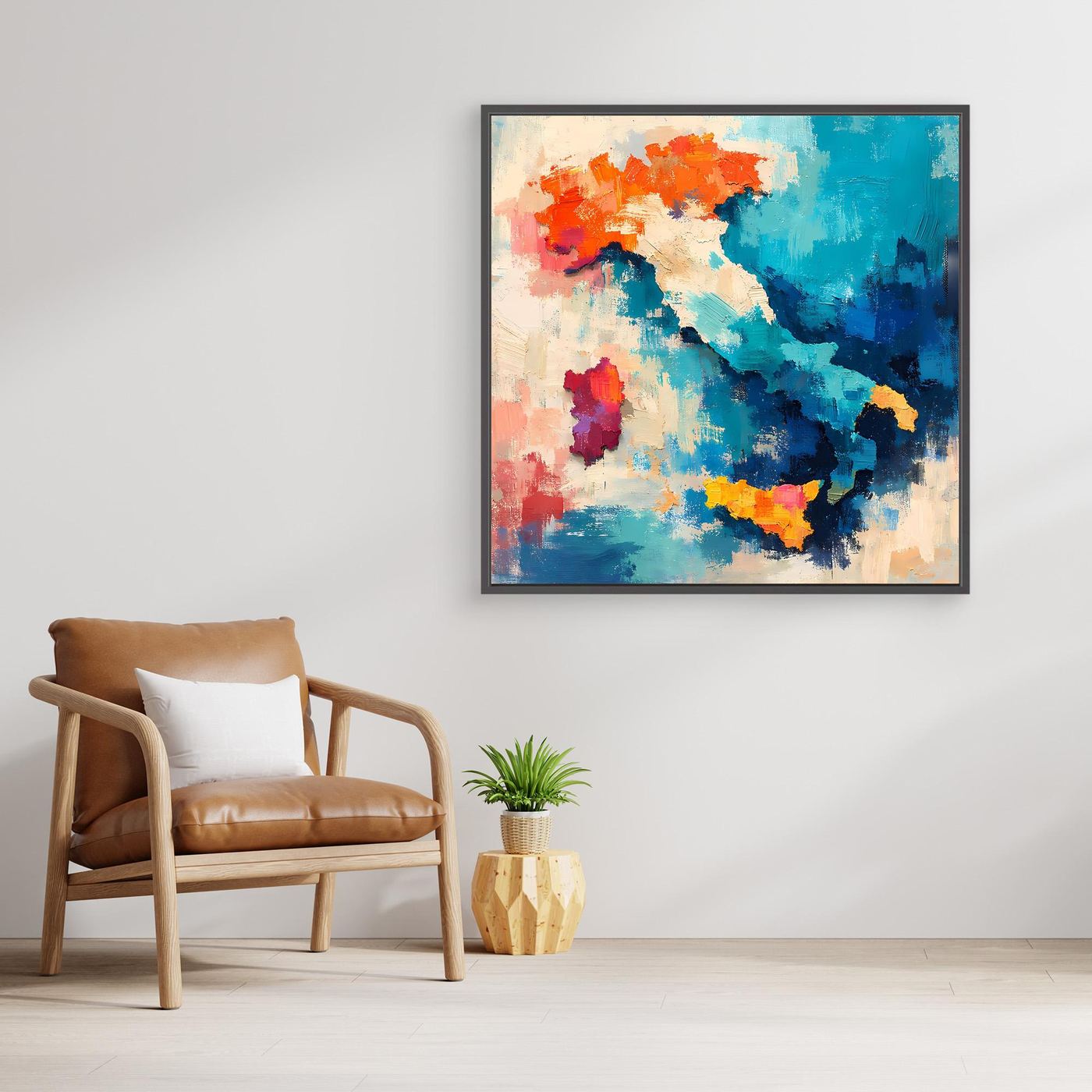 Abstract Italy map wall art with blue and orange paint strokes, black frame