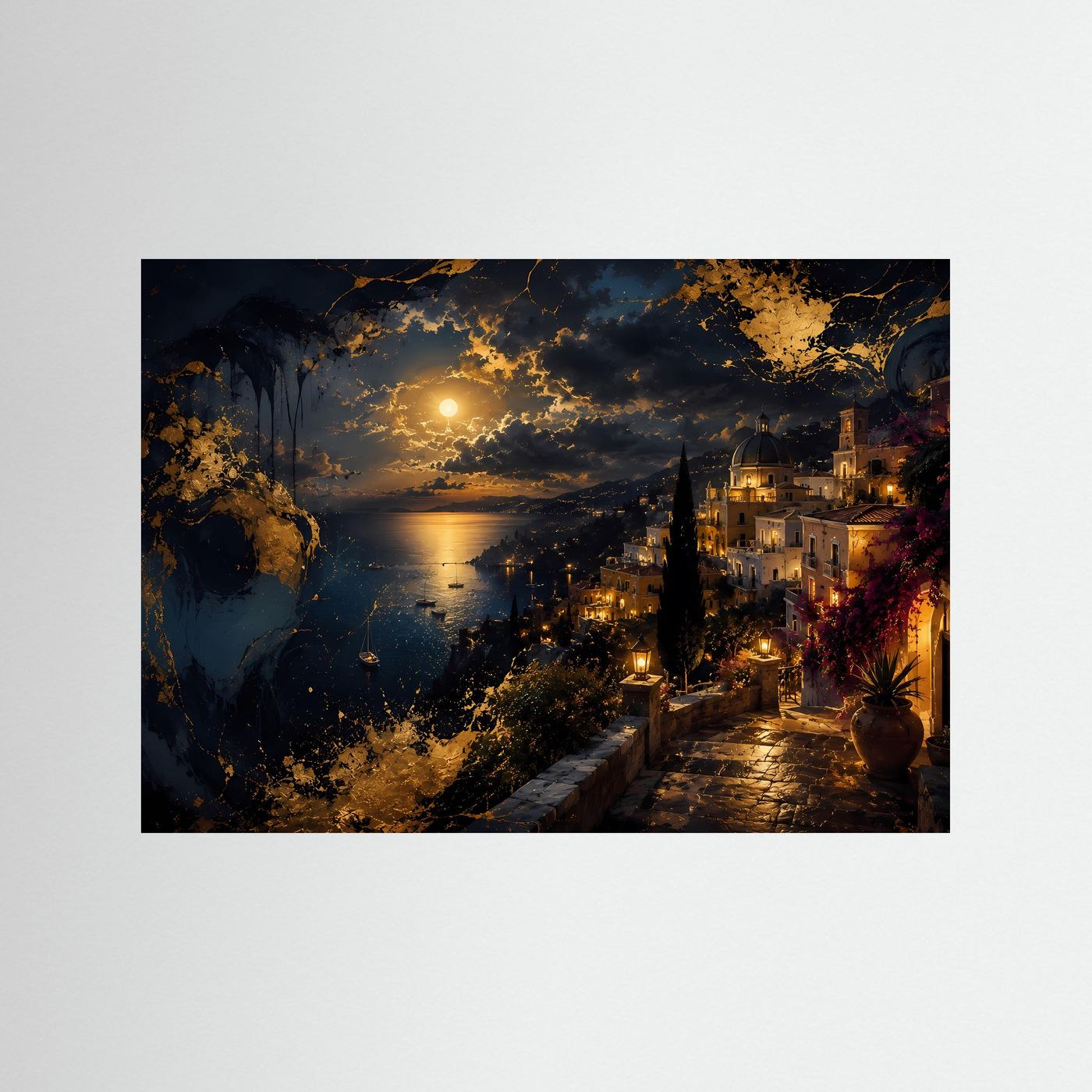 Mediterrane Küstenstadt bei Nacht | Goldene Mondschein-Romantik
