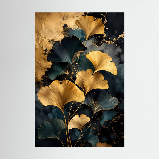 Poster mit goldenen und dunkelblauen Ginkgo-Blättern im abstrakten Gold-Schwarz-Design