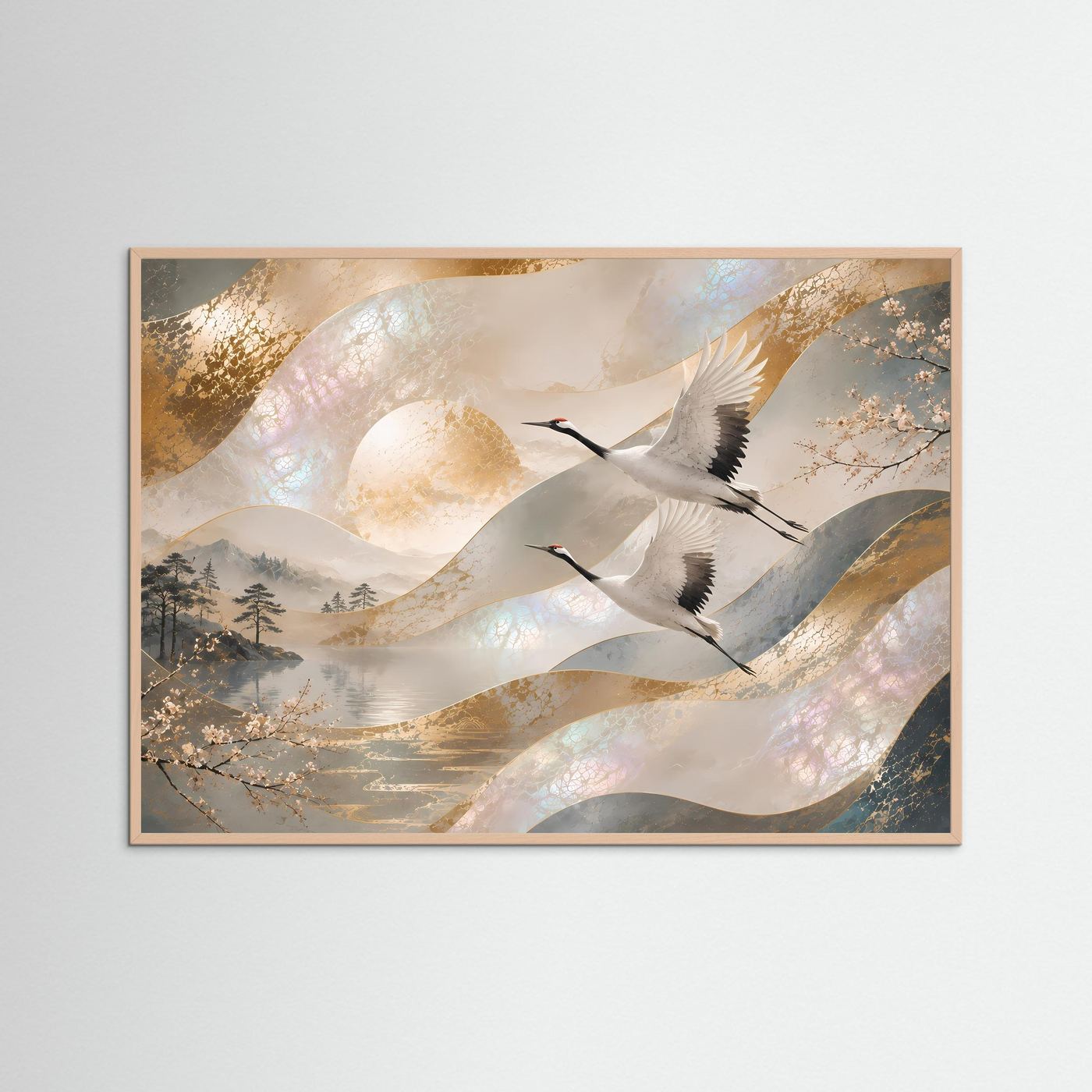 Japanische Kraniche im Flug | Elegante Perlmutt-Kunst in Gold & Creme