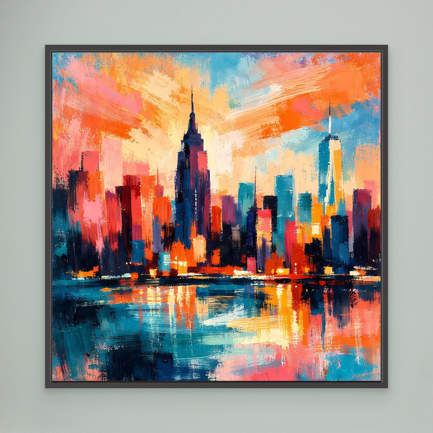 Abstraktes Leinwand-Wandbild mit schwarzem Rahmen: Skyline in Blau/Orange, Spiegelung im Wasser