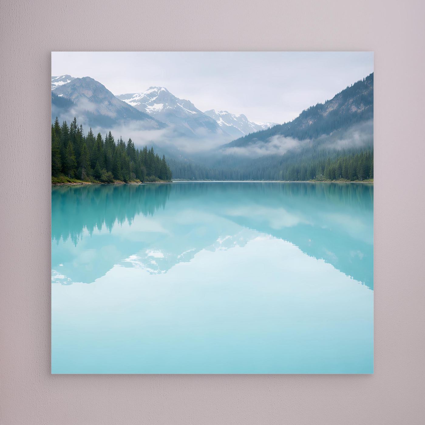 Leinwandbild Bergsee mit türkiser Spiegelung, Berge & Tannenwald