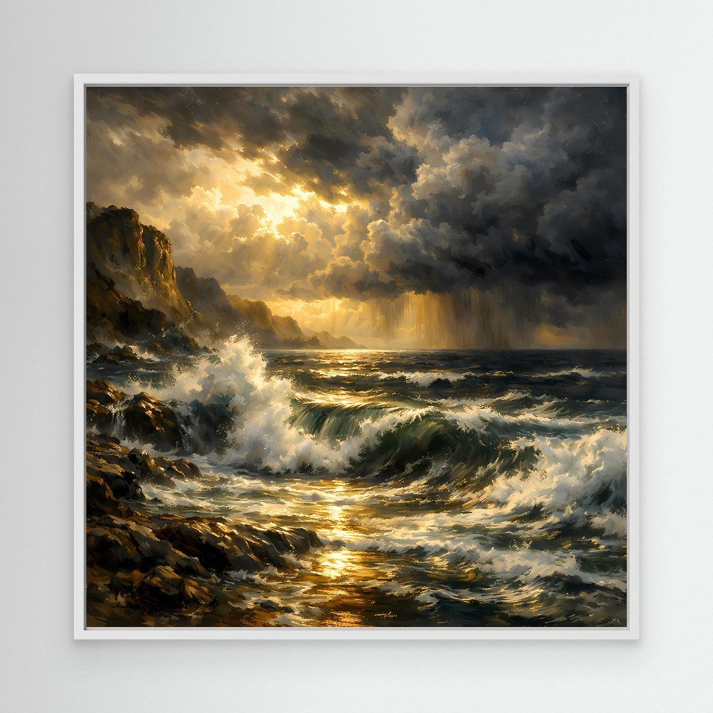Leinwandbild mit stürmischem Meer und goldenem Licht, Wellen und Felsen, weißer Rahmen