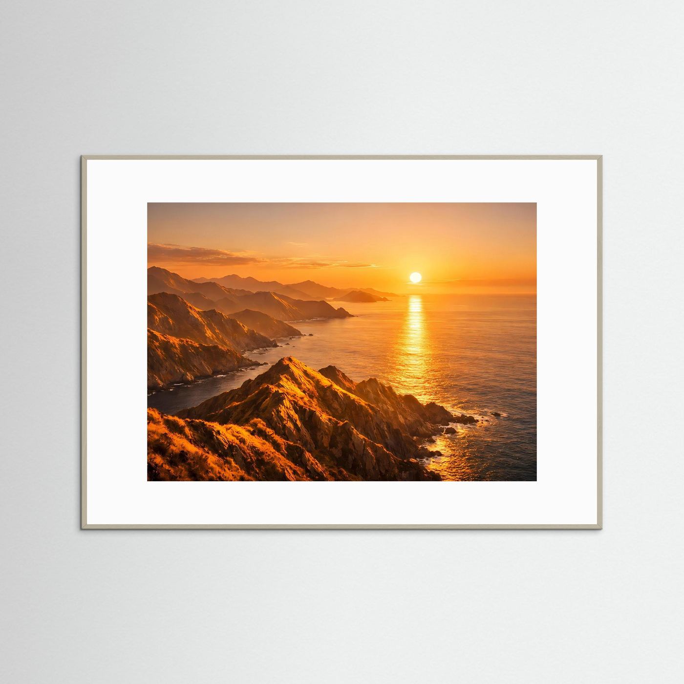Wandposter Sonnenuntergang über Küstenklippen mit grauem Rahmen