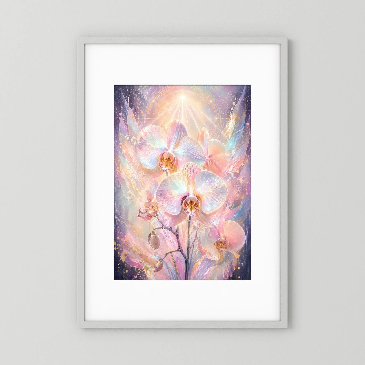 Hochformat-Poster mit Orchideen in Rosa, Gold und Perlmutt, abstraktem Design