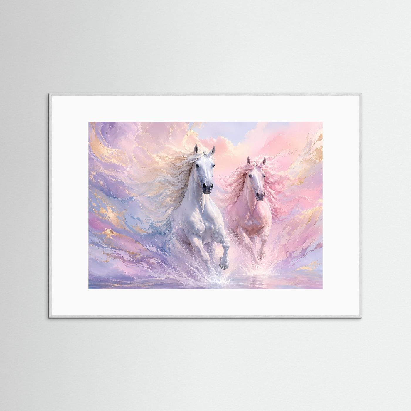 Pferde Poster Querformat | Elegante Weiße Pferde in Pastellfarben | Modernes Wandbild mit Goldakzenten