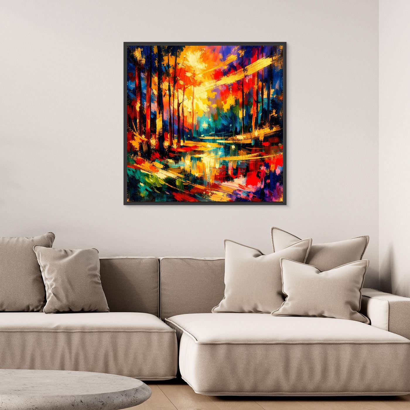 Leinwandbild Herbstwald mit bunten Farbflecken, orangefarbene Lichtzone, dunkler Rahmen, quadratisch