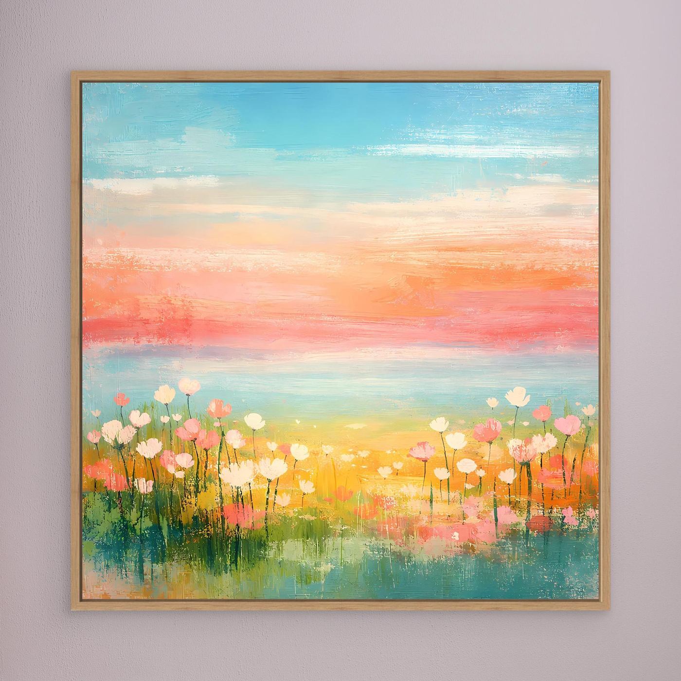 Leinwand-Wandbild: abstrakte Blumenwiese am Meer, Pastellhimmel, holzgerahmt