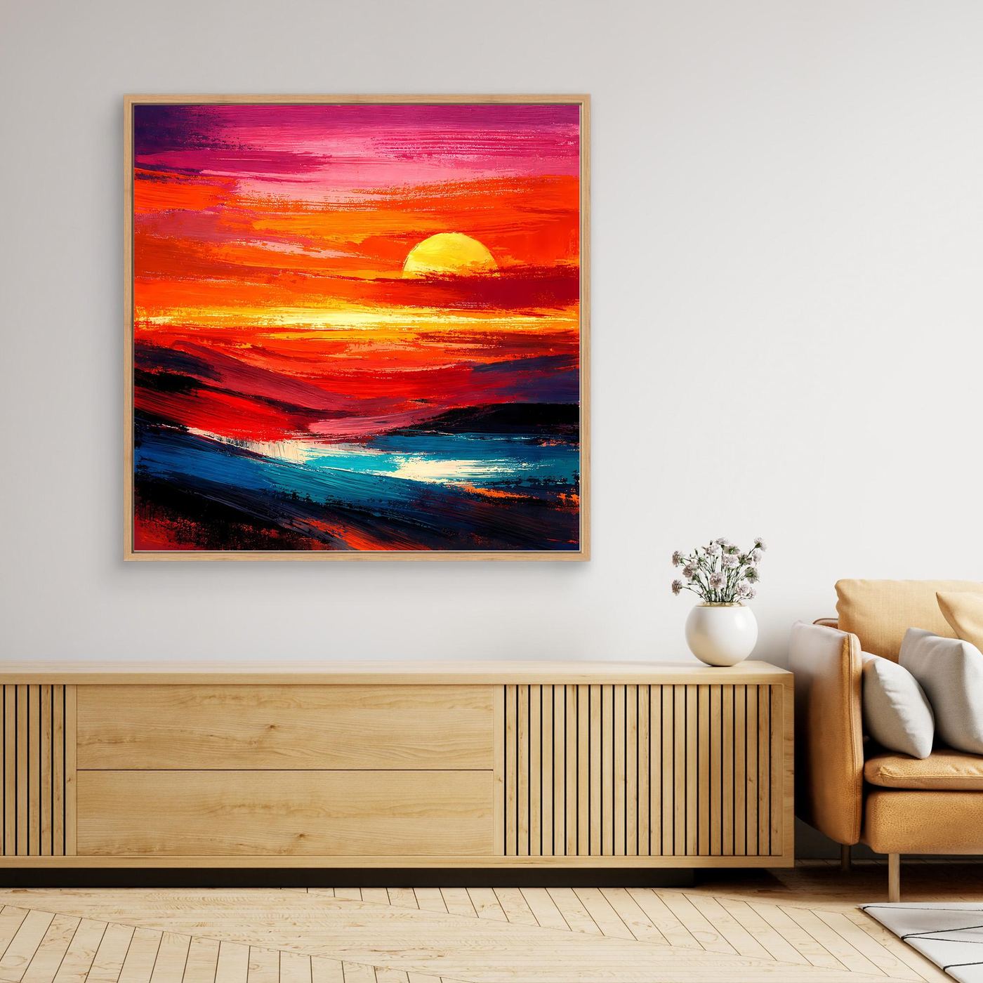 Rechteckiges Leinwandbild mit Holzrahmen, abstraktes Meer und orange-gelber Sonnenuntergang