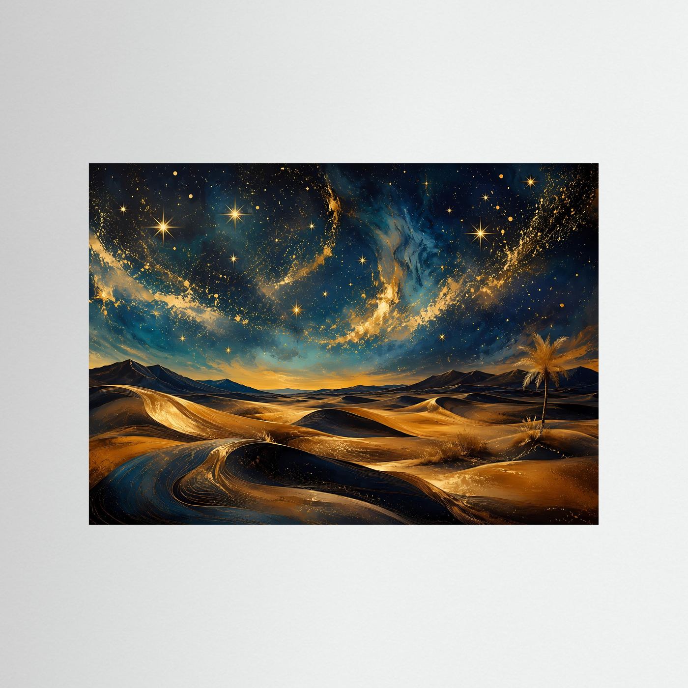 Sternenhimmel über der Wüste Poster Querformat | Abstrakte Nachtlandschaft in Blau & Gold | Modernes Panorama Wandbild
