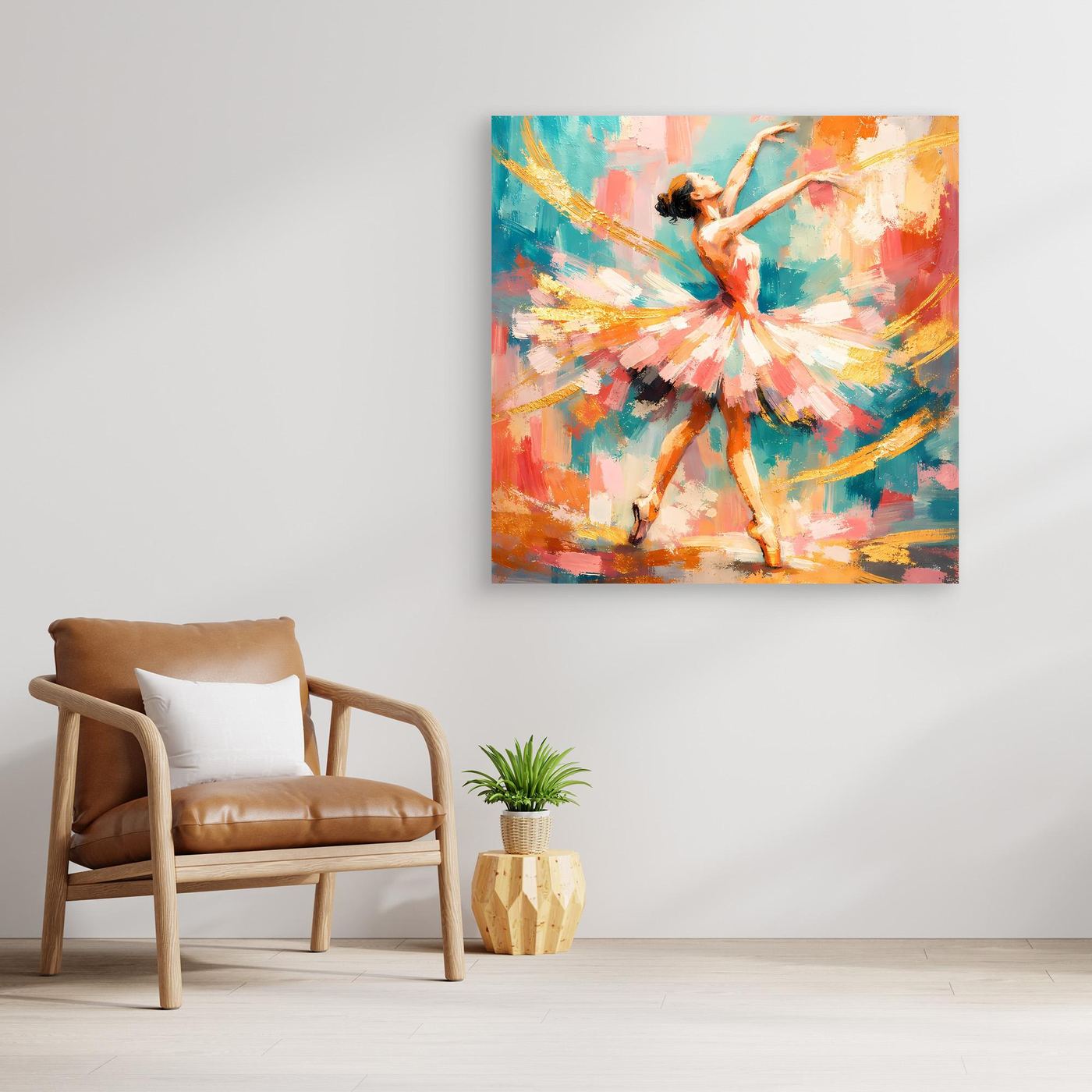 Buntes Leinwandbild mit abstrakter Ballerina in Sprungpose, türkis und orange, goldener Rahmen