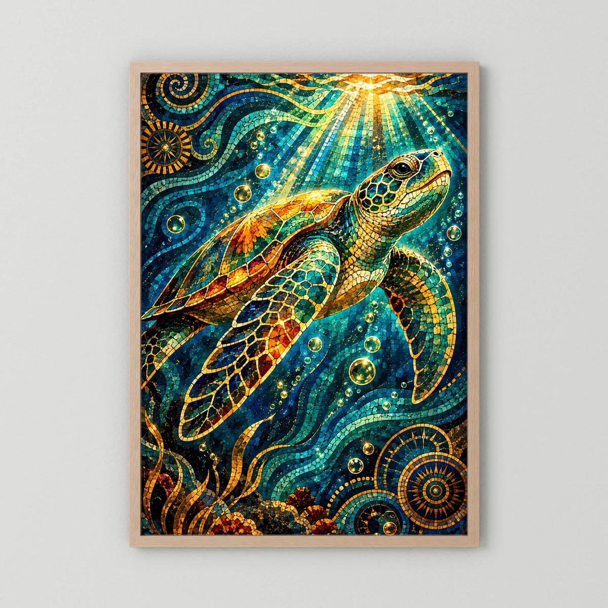 Kunstposter mit Meeresschildkröte im Mosaikdesign, türkis und gold, im hellen Holzrahmen