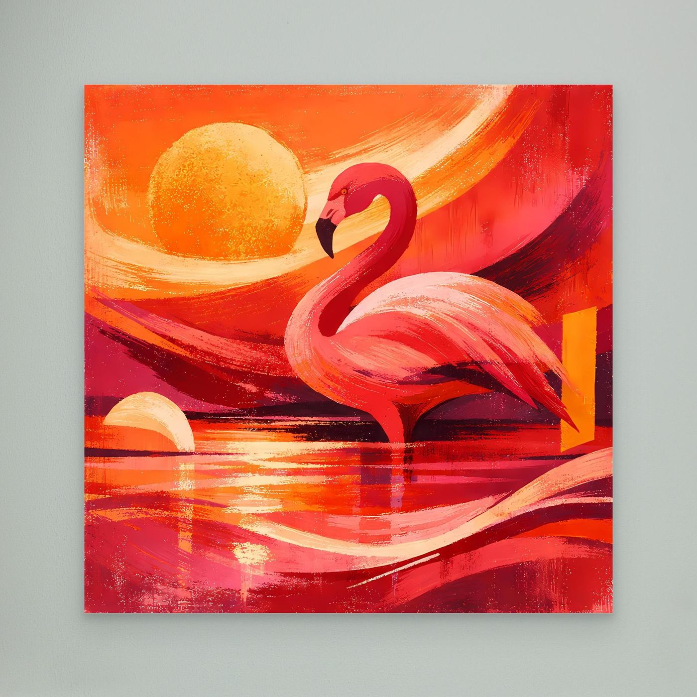 Leinwand-Wandbild mit rotem Flamingo und gelber Sonne, Reflexe auf rotem Wasser