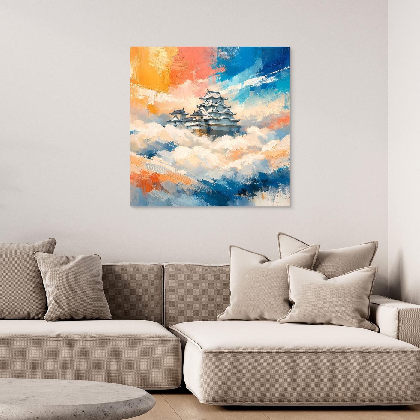Leinwand Traditionelle Japanische Burg über den Wolken | Fernöstliches Wandbild auf echter Leinwand