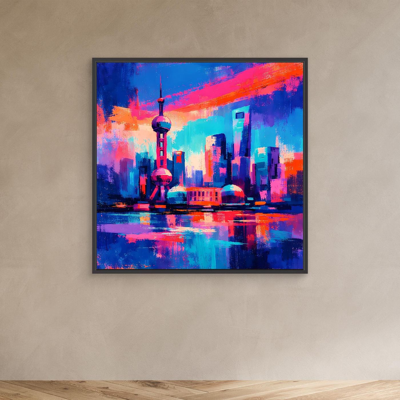 Leinwandbild mit abstrakter Neon-Skyline im schwarzen Rahmen, pink-blau, spiegelndes Wasser