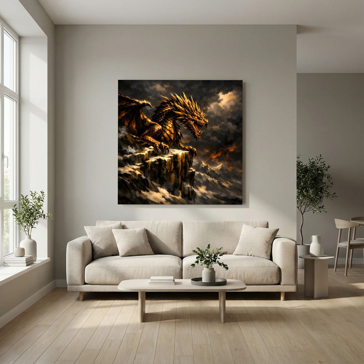 Fantasy-Wandbild: goldener Drache auf Felsgipfel, düsteres Wetter, auf Keilrahmen