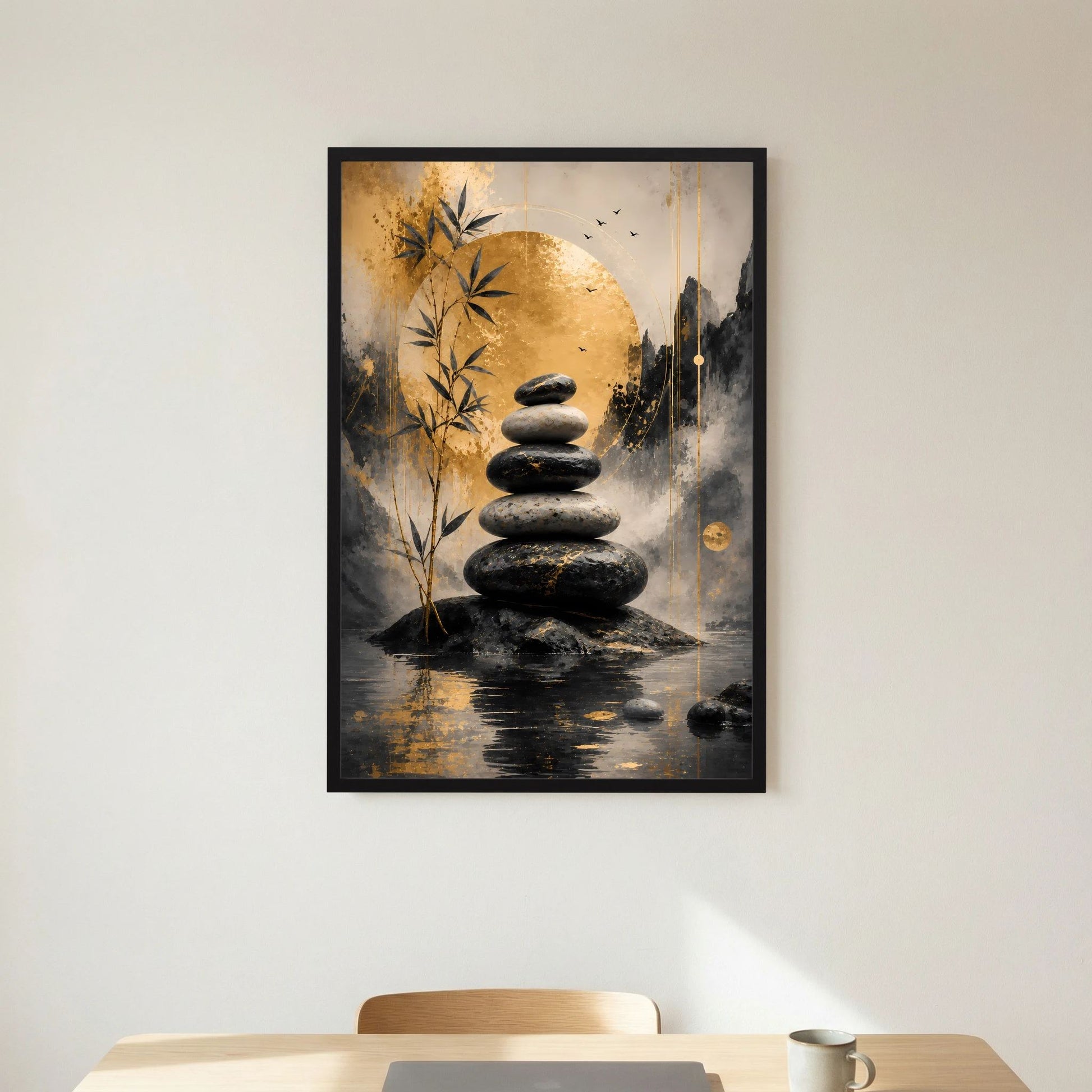 Gerahmtes Hochformat-Poster mit schwarzem Steinstapel und Bambus, abstraktes Goldmondmotiv.