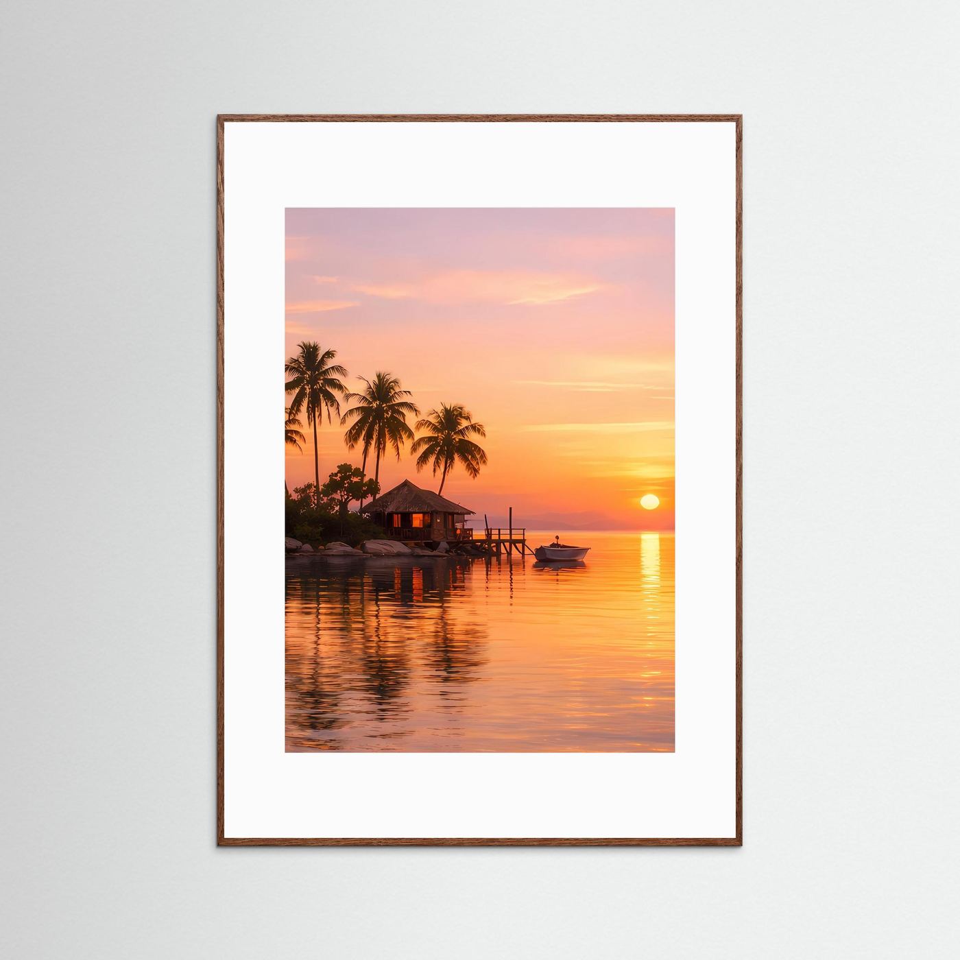 Tropisches Insel-Wandbild im Sonnenuntergang, brauner Rahmen, weißes Passepartout