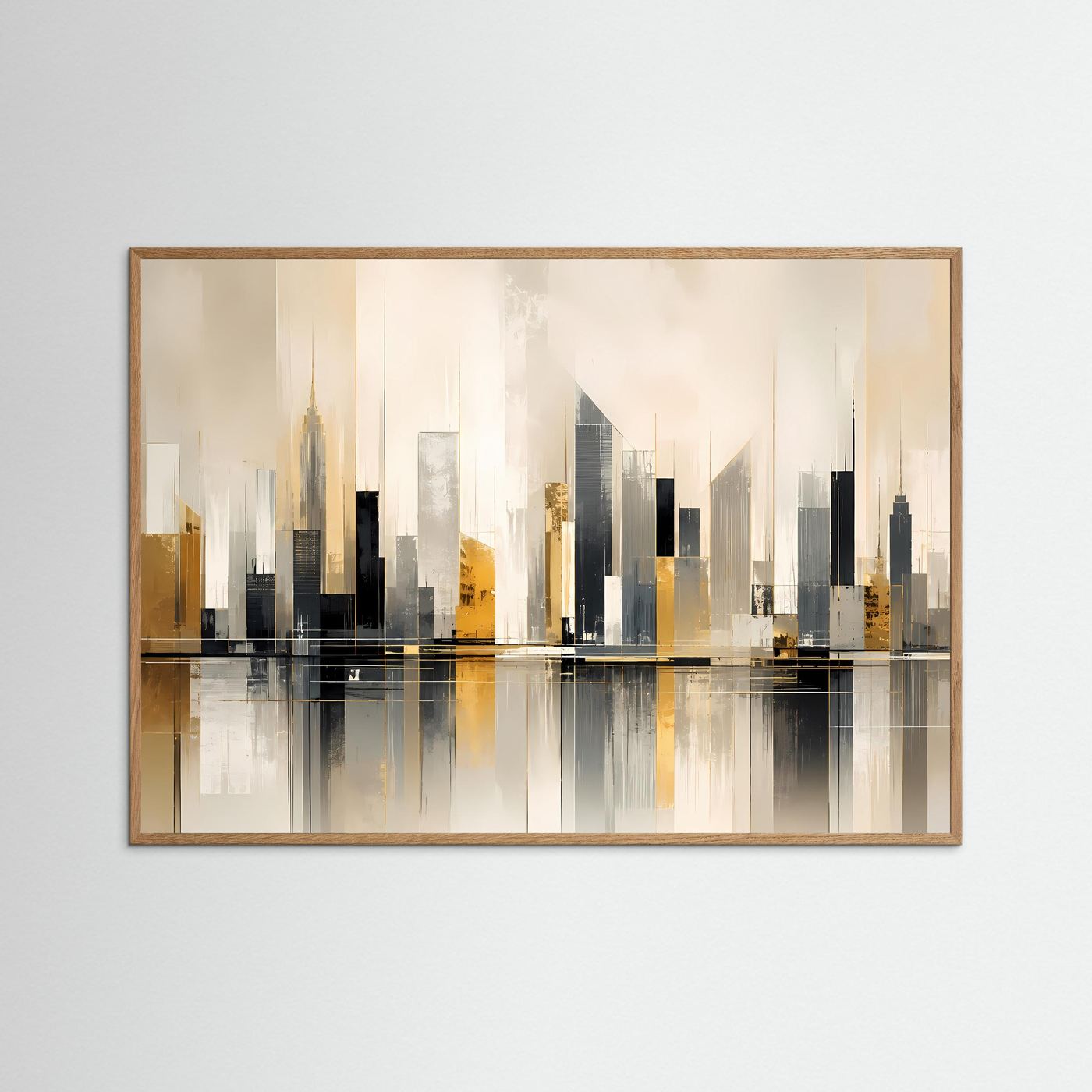 Querformat-Poster Skyline abstrakt in Beige, Schwarz und Gold, mit hellem Holzrahmen