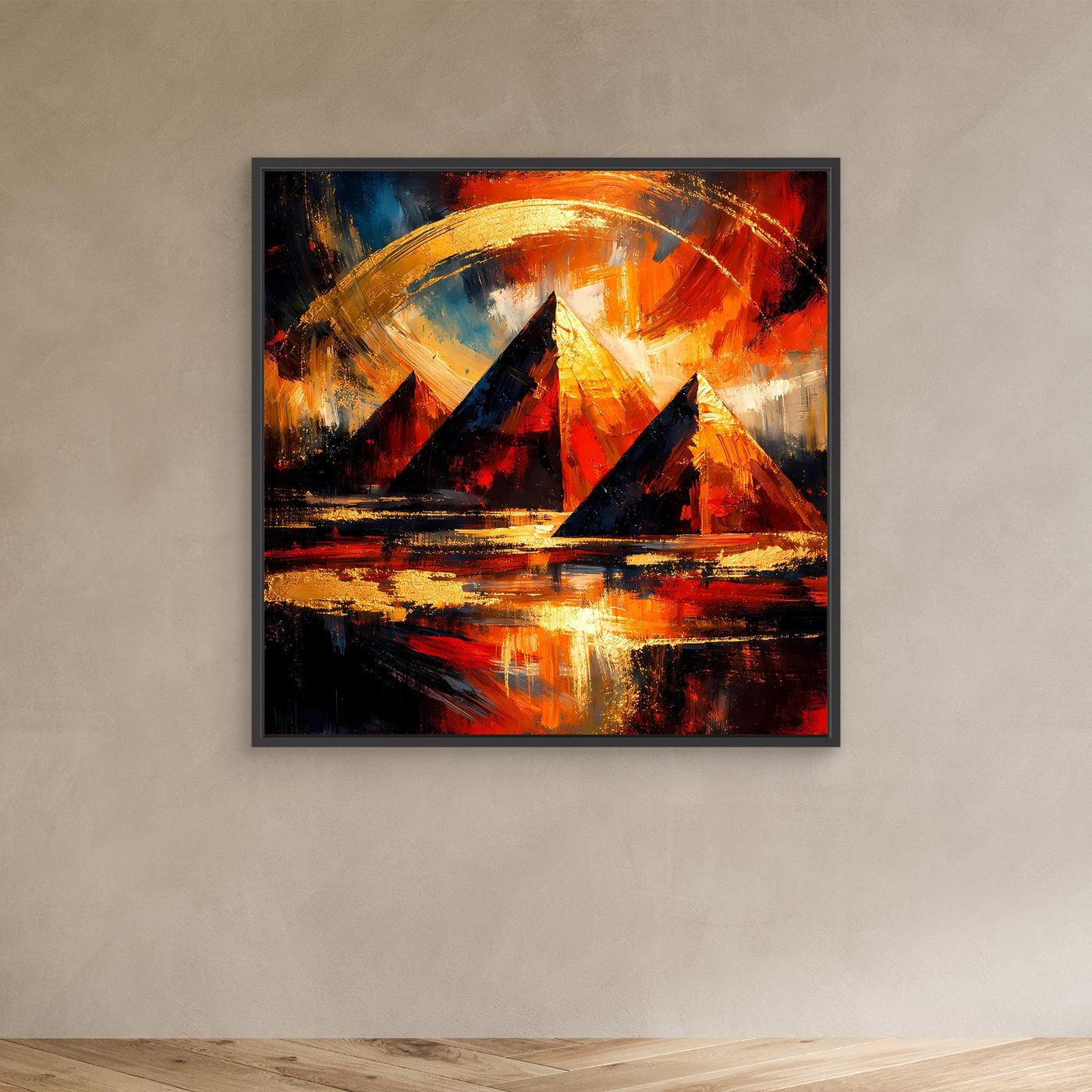 Leinwandbild mit abstrakten Pyramiden und goldenen Lichtbögen, im schwarzen Rahmen