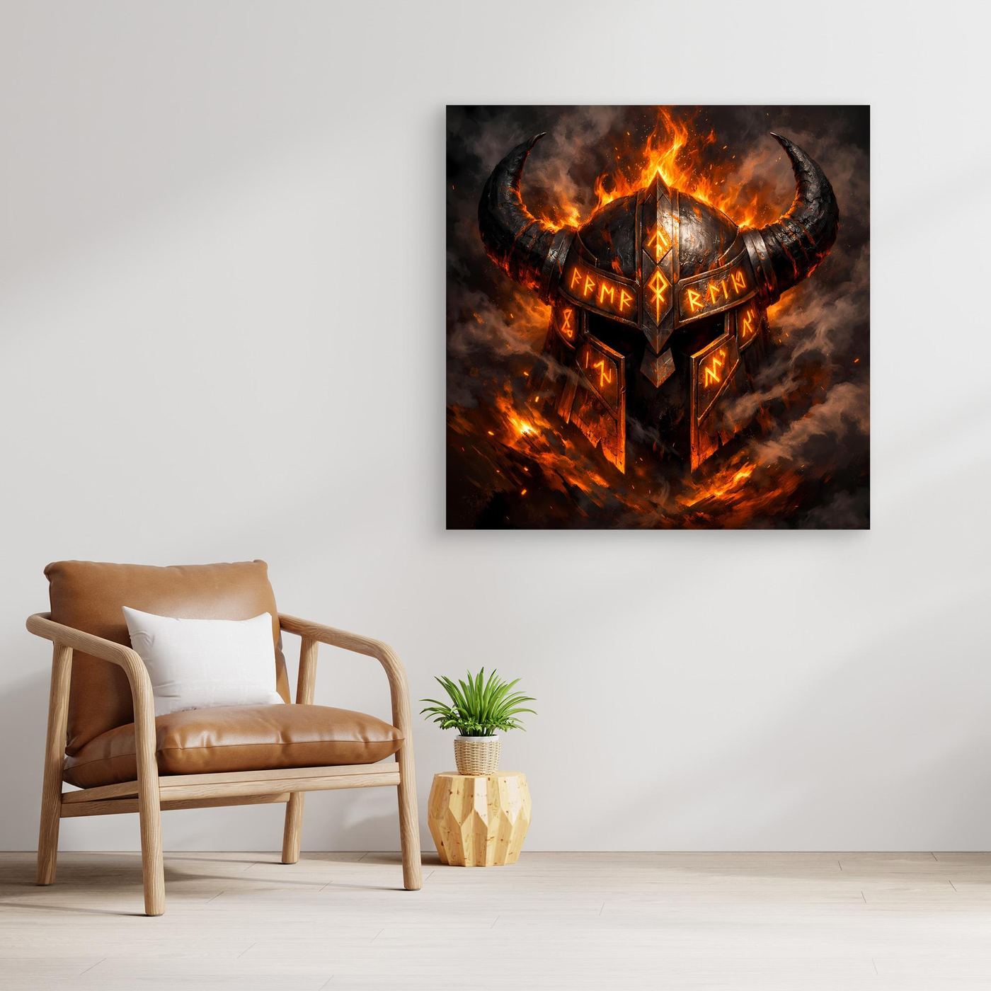 Leinwandbild mit flammendem Wikingerhelm und Runen, dunkle Rauch- und Feuertöne