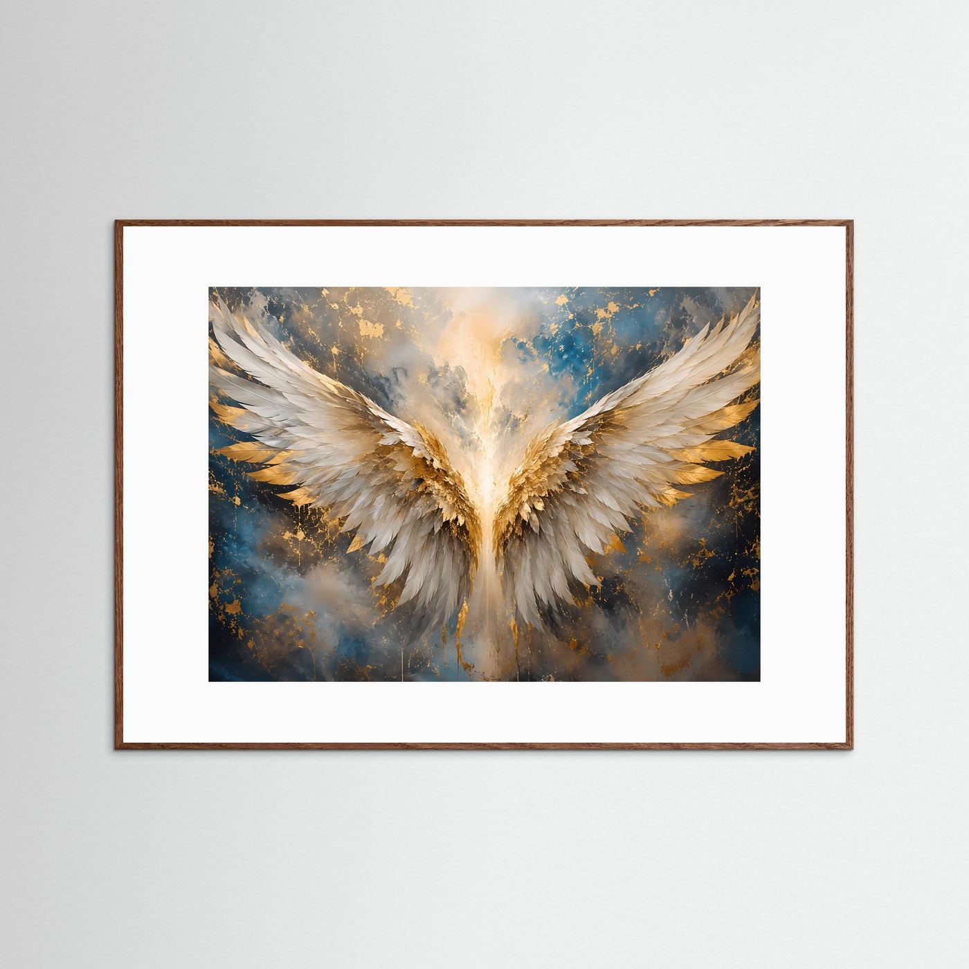 Engelsflügel-Poster mit goldenen und weißen Flügeln, dunkler Holzrahmen