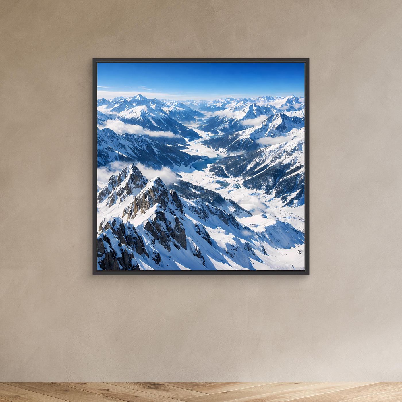 Leinwandbild Panorama Alpen mit schneebedeckten Bergen, schwarzer Rahmen