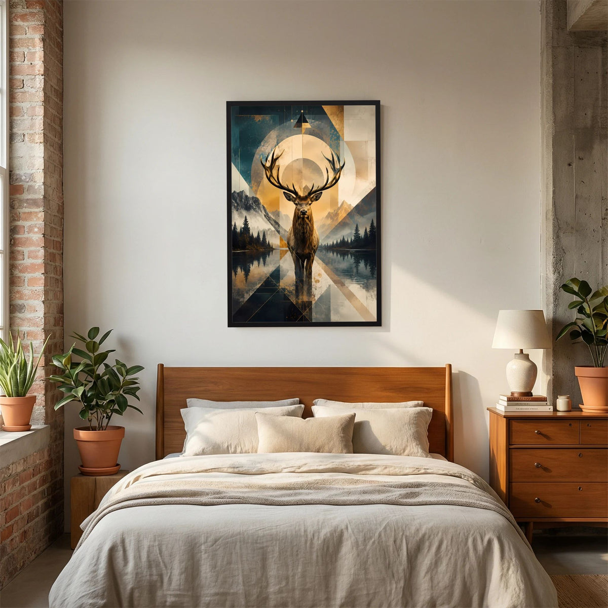 Poster im Hochformat mit Hirschkopf, goldenen Flächen und geometrischer Berglandschaft