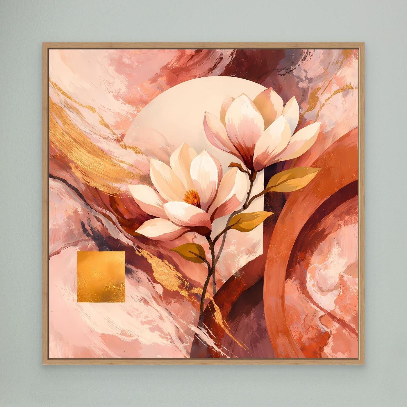 Leinwandbild mit Magnolienblüten, brauner Rahmen, Rosa-Orange und Goldakzent