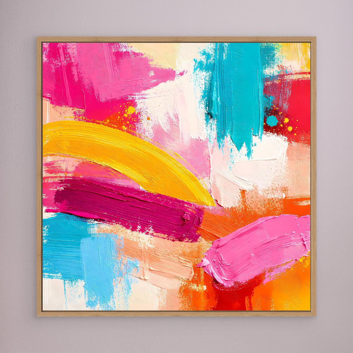 Leinwand-Abstraktbild mit pastelligen Pinselstrichen in Pink, Türkis, Gelb und Orange, braun gerahmt.