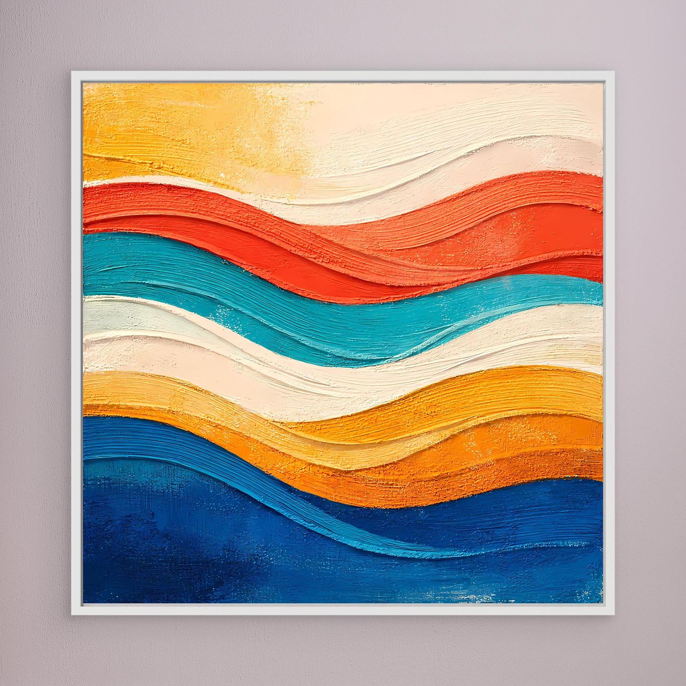 Abstraktes Leinwand-Wandbild mit wellenförmigem Relief, weißer Rahmen