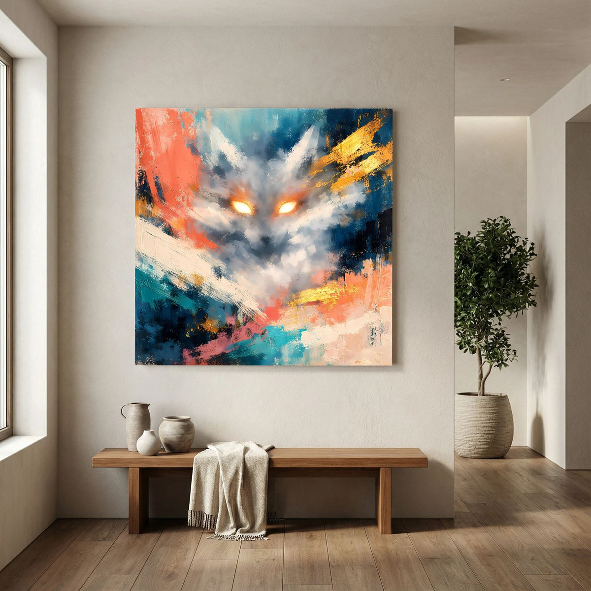 Quadratisches Leinwandbild mit abstraktem Fuchs-Motiv und leuchtenden Augen, Farbmix