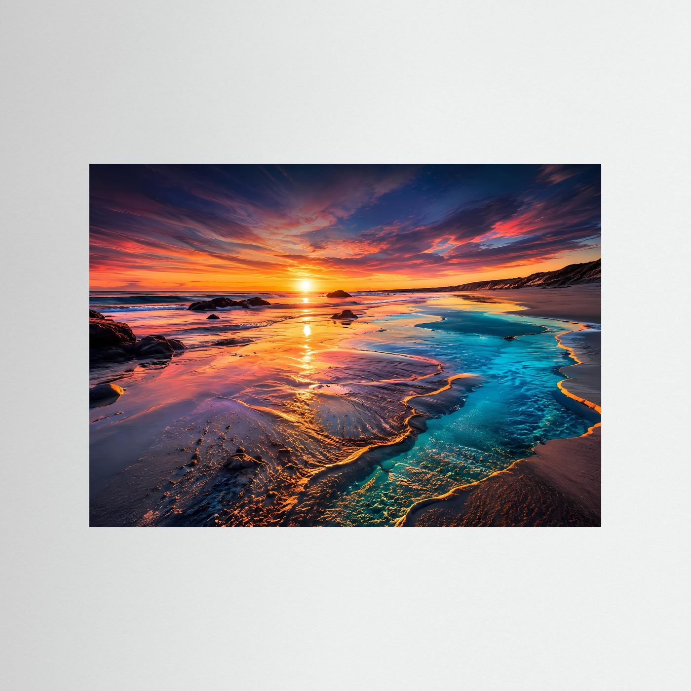 Sonnenuntergang Strand Poster | Türkis Küste Wandbild | Moderne Landschaft Kunst | Ozean Fine Art | Panorama Leinwand
