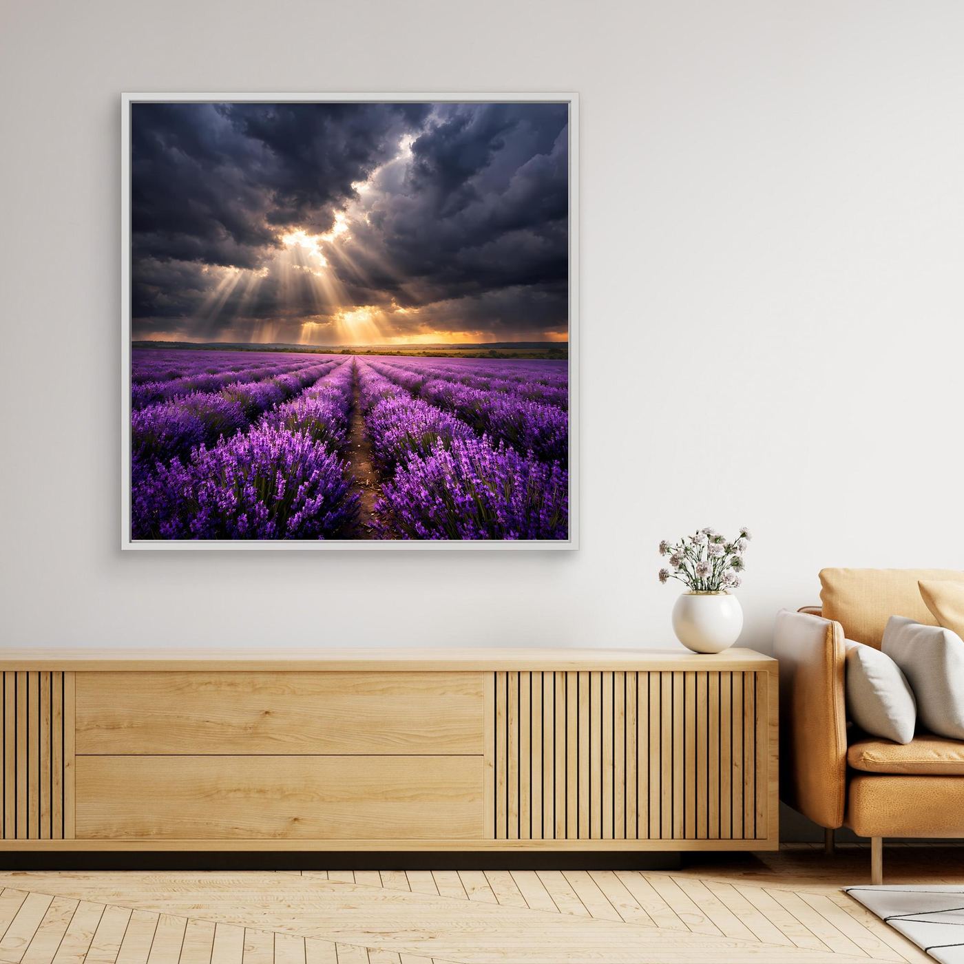 Lavendelfeld-Leinwandbild mit Sonnenaufgang, weiß gerahmt