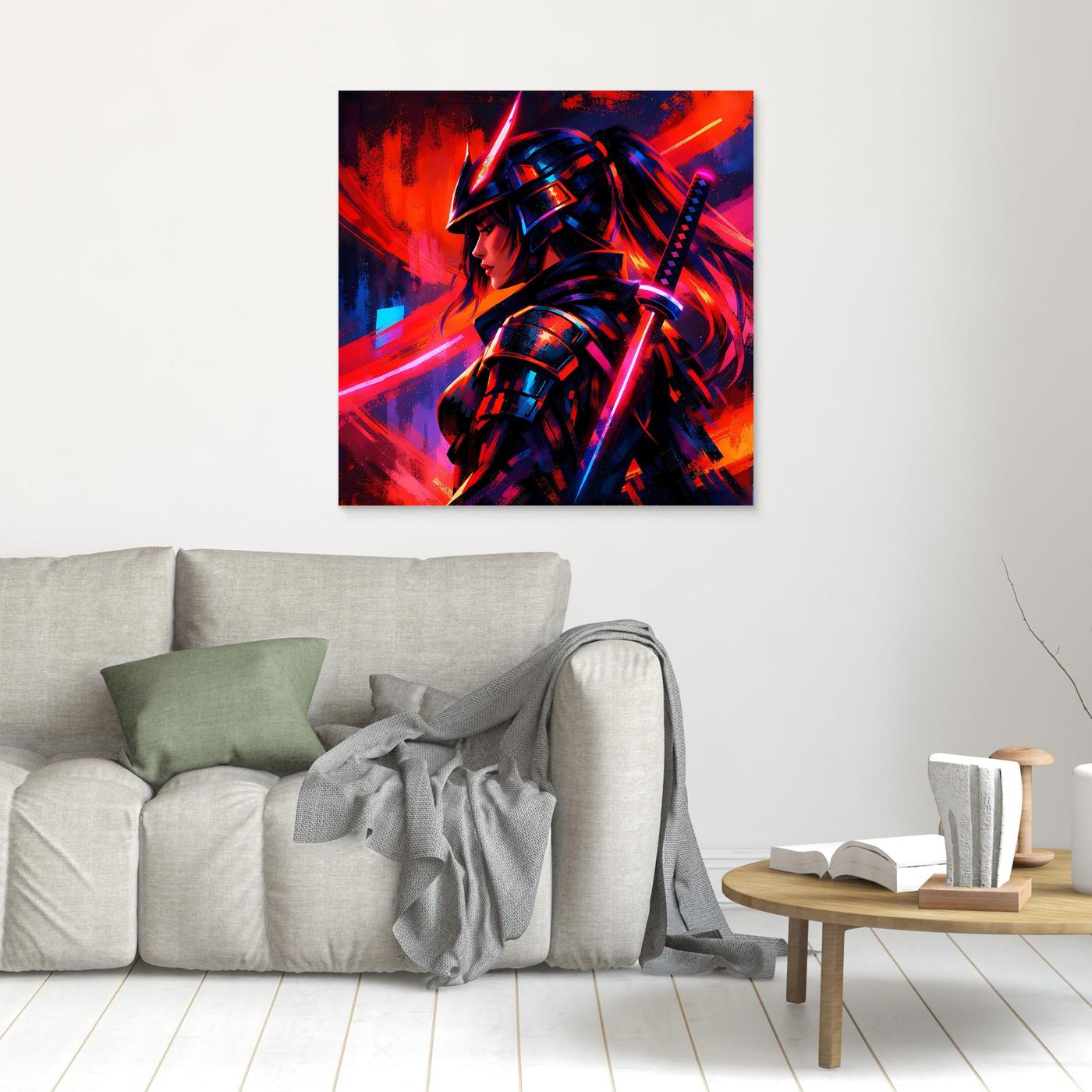 Leinwandbild mit Rahmen: Samurai-Kriegerin in Neon-Rot und Blau, Schwert im Vordergrund.