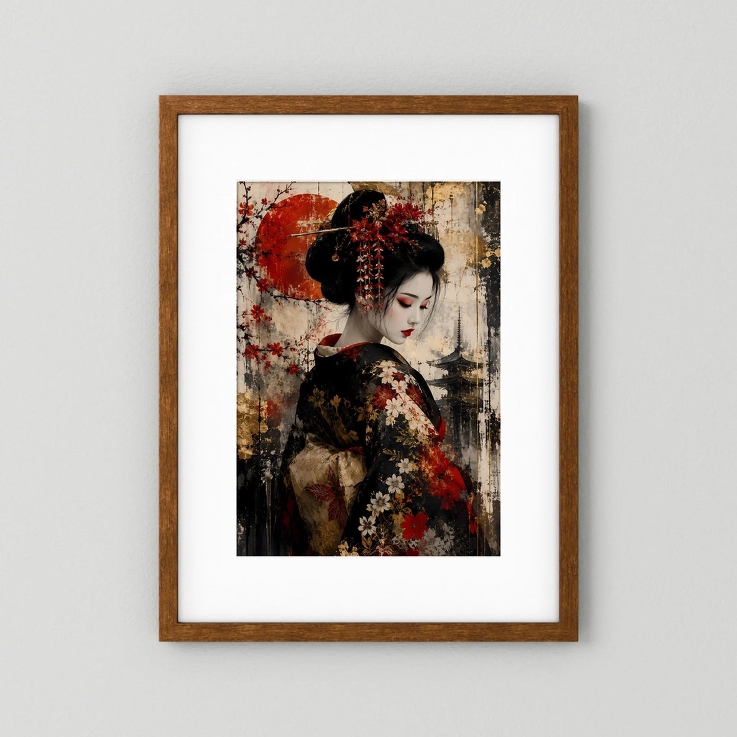 Poster mit braunem Holzrahmen: Frau im schwarzen Kimono mit roten Blüten und rotem Kreis.