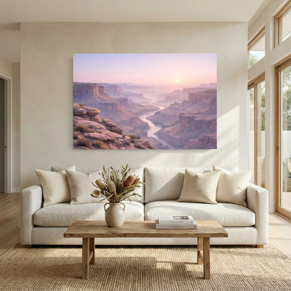 Wandbild Querformat mit Canyon-Motiv, Sonnenaufgang über Schluchten und Fluss.