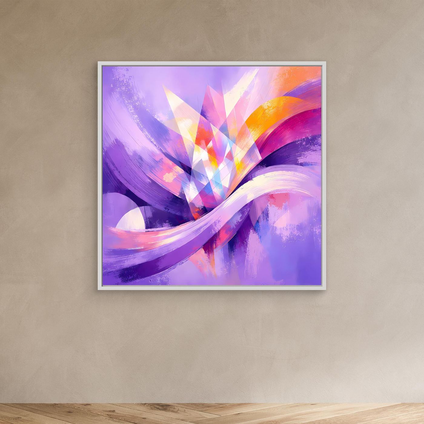 Leinwandbild mit abstraktem Blumenmotiv in Lila, Rosa und Orange, weißer Rahmen