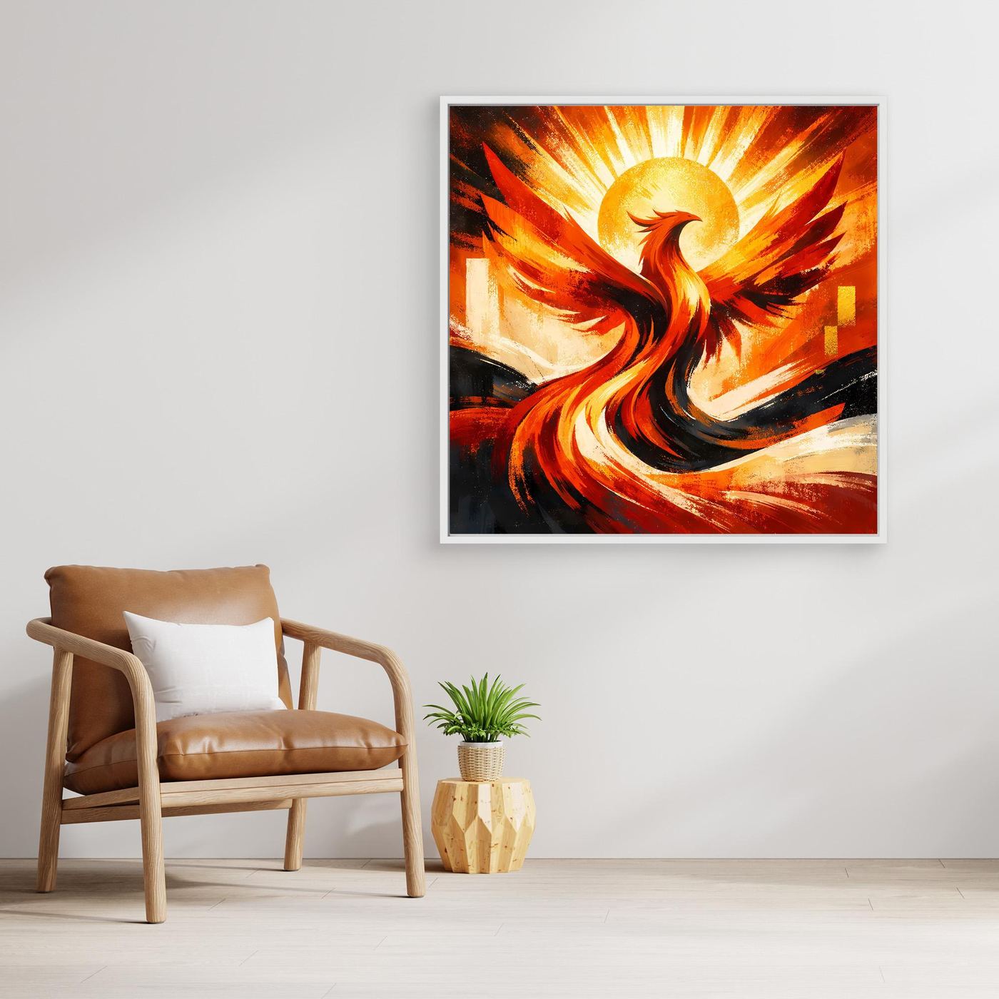 Leinwandbild mit Phönix aus Feuer in Gelb-Orange, dunkler Rahmen