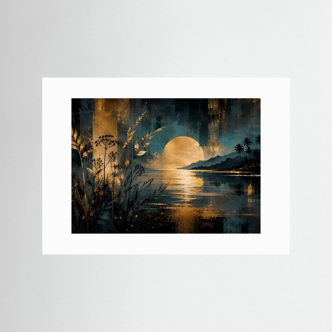 Poster im Querformat mit weißem Passepartout: tropische Küste mit goldenem Sonnenkreis und Wasser.