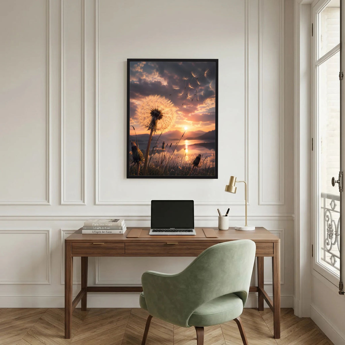 Hochformatiges Poster mit Pusteblume am Abendhimmel, Sonne im Hintergrund, dunkel gerahmt